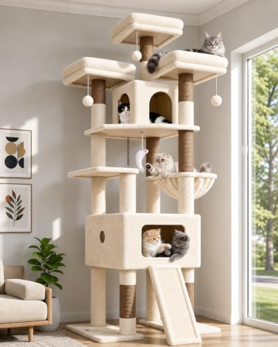 Globlazer F75 Kratzbaum XXL Beige für Große Katzen 192 cm Stabil Katzenbaum | Extragroß Katzenhäuse, 3 Gepolsterte Sitzstangen, Sisal Kratzbrett, für Kätzchen Schwere Katze, Einfach Montieren, Innen