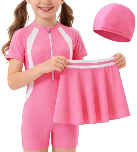 Keyck Maillot de Bain 3 en 1 pour Fille Une Pièce Enfants Costume 4-12 Ans | Maillot de Bain à Manches Courtes, avec Jupe et Bonnet de Bain, Séchage Rapide, Combinaison de Natation Plage Piscine Surf