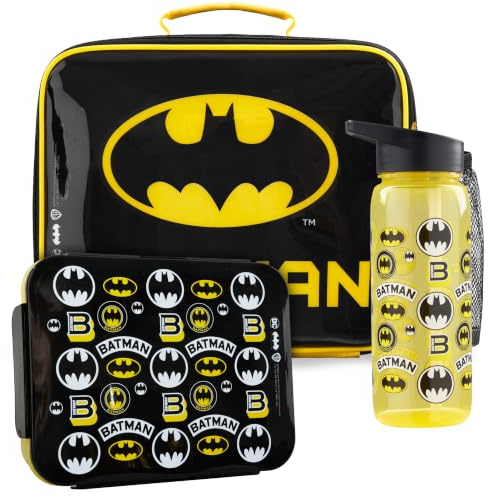 Get Trend DC Comics Batman Set Porta Pranzo Bambini 3 Pezzi con Borsa Termica, Lunch Box, Borraccia, Porta Merenda Termico per Scuola e Tempo Libero, Idea Regalo Bambino (Nero/Giallo Batman)