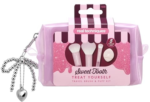 Real Techniques Sweet Tooth Treat Yourself Travel Brush & Puff 5 Piece Set, Mini Makeup Brush Set with Powder Puff, Travel Makeup Brushes for Foundation, Concealer, Blush & Powder, Cruelty-Free
