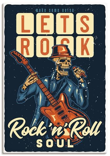 ARTLAND Wanddeko Leinwand Bilder Wandbild Skelett & E-Gitarre Musik Deko Vintage Stil 'Let's Rock' 'Rock 'n' Roll Soul' Q4UU
