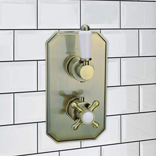 ENKI TSV015 Regent Thermostatic Concealed Diverter Valve, Antique Brass | Solid Brass, 10-Year Guarantee, Easy Install, Fittings Included, Rainfall, Wall Mounted, Modern Bathroom, Brass Body