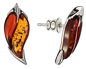 Bernstein Ohrringe, elegante mehrfarbige blattförmige Ohrstecker mit Bernstein, gefasst in 925/000 Sterling Silber rhodiniert