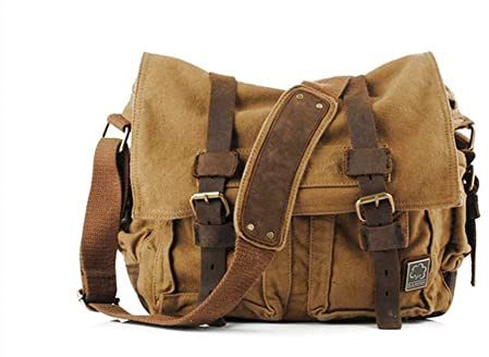 Sechunk Vintage Militär Leder Canvas Umhängetasche Laptop Tasche Retro Messenger Taschen (Gelb, small-13‘’)