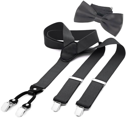 DonDon Herren 3,5 cm breiter Hosenträger in Y-Form elastisch und verstellbar im 2er Set mit farblich passender Fliege 12 x 6 cm