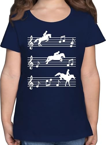 T-Shirt Mädchen - Pferd - Pferde auf Musiknoten - weiß - 140 (9/11 Jahre) - Dunkelblau - pferdeshirts reitshirt, für Kinder reiten Noten Shirt REIT Oberteil t-ishirt reitkleidung Tshirt