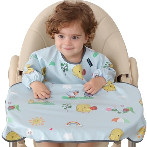 PewinGo Baby Lätzchen mit Ärmeln Hochstühle Können Vollständig Abgedeckt Werden, Wasserdicht, Leicht zu Reinigen, Maschinenwaschbar, Geeignet für Babys von 6 Monaten bis 30 Monaten-Grau