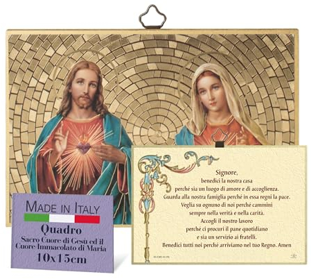 Fratelli Bonella – Cuadro religioso para dormitorio, diseño de corazón de Jesús y el Inmaculado Corazón de María y Bendición – Cuadro de madera MDF de álamo – 8 mm x 10 cm