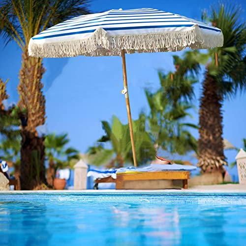 JJ Home Parasol de Plage ø200 cm avec Parasol extérieur à Franges, UPF50+, Parasol pour Piscine, terrasse, arrière-Cour (rayé Bleu et Blanc)