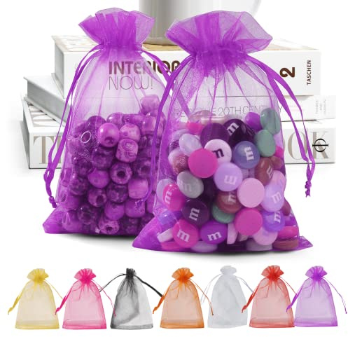ANZNKU 100 PCS Small Organza Bags 4x6 Inches, Purple Gift Drawstring Pouches For Halloween Party Festival Earrings Cosmetic Favor, Mesh Goodie Bags for Easter Candy Craft Jewelry Soap