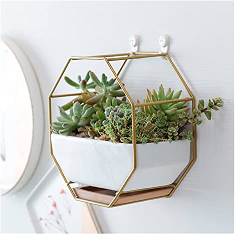 Liudan Blumenampel Hängende Pflanzgefäße Metall Rack Weiße Keramikvase achteckige geometrische Wand montierte Blumen Pflanzen Töpfe Korb for Indoor Garten Dekor Hängepflanztöpfe (Color : Gold)