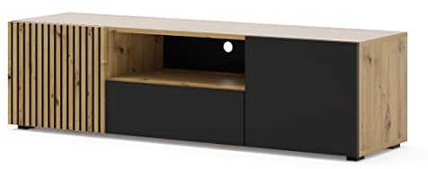 BIM Furniture Meuble TV Auris avec 3 Portes + 1 Niche en Bois - Noir Et Beige - L 150 X P 42 X H 42 Cm