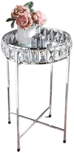 spot on dealz® Silver Crystal Mirrored Coffee Tables Round Bedside Table Removable Glass Top Tray Table Chrome Metal Side End Round Glass Kitchen Living Room Home Decor