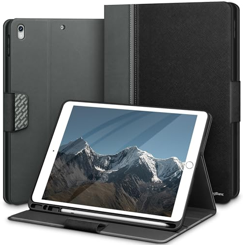 KingBlanc Hülle für iPad Air 3 & Pro 10,5 Zoll Schwarz | Design mit zwei Texturen, Stifthalter, PU Leder, Verstellbarer Ständer zum Betrachten/Tippen, Auto Schlaf/Wach