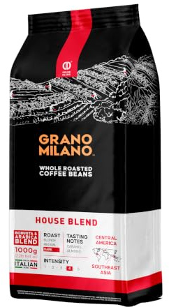 Grano Milano House Blend Coffee Beans 1kg, Dark Roast | Intensity 3/5, Medium-High Bodied, Arabica and Robusta, Made in Italy, Packaging May Vary