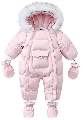 Bebé Niño Niña Invierno Traje de Nieve con Capucha Chaqueta con Pies Peleles con Guantes Bebé Mono con Ribete de Piel Rosa 6-9 Meses