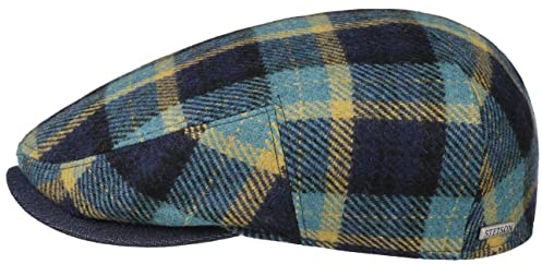 Stetson Genola Wool Check Flatcap Karomuster Klassische Schiebermütze Baumwollfutter Made in EU Herren Herbst Winter blau M (56-57 cm)