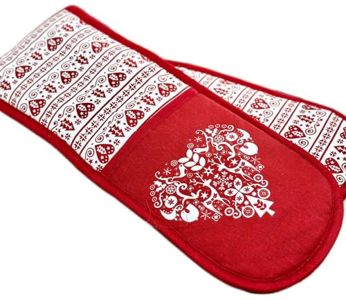Nordic Christmas Double Oven Glove 100% Cotton Red Heart Xmas Kitchen Mitts Gift