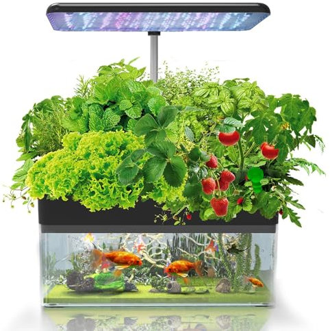 Système de Culture hydroponique avec Aquarium aquaponique, système de Jardinage d'intérieur à 12 dosettes avec lumière LED, minuterie Automatique et 3 Modes de Croissance, kit de Jardin d'herbes (Col