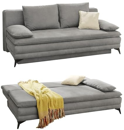 luma-Home 15157/ Dauer-Schlafsofa mit Bettkasten, Mikrofaserstoff Hellgrau | B202/T105/H90 cm, integrierter Kaltschaum-Topper, Wellenunterfederung, Schlaffunktion Liegefläche 158x199 cm