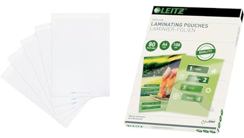 Landré Flipchart Papier & Leitz Heißlaminierfolien A4 80 mic, Hochwertige Laminierfolien im 100er Pack, mit abgerundeten Ecken, transparent, glänzend, für den Einsatz zu Hause oder im Büro, 33818