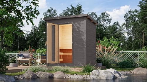 Chillroi® Karibu Saunahaus MELO 38 mm naturbelassen Außensauna Gartensauna versch. Ausführungen inkl. Saunaofen und 18kg Saunasteinen (Melo1 GRAU)