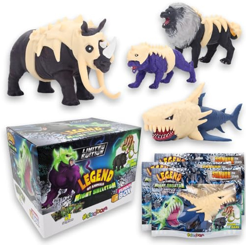 #sbabam FUNNY BOX Legend of Animals Night Skelet, kiosk barnlek, 3 st, leksaker för barn med ljus i mörkret rustning, förlängbara leksaker med tiger, haj och andra