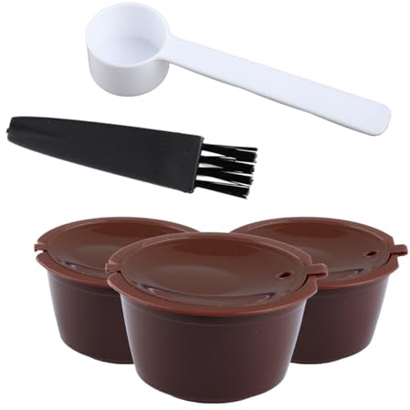 GroveEss 3 PCS Reusable Coffee Pods with 1 PCS Spoon and 1 PCS Cleaning Brush,Refillable Durable Coffee Capsule,Capsules Cup Filter for Dolce Gusto Coffee Machine(Brown)