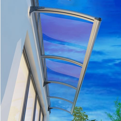 Vordach Für Haustür mit Regenrinne Transparente Polycarbonat Silberne Aluminiumklammer Überdachung Markise Haustürdach Pultvordach für Draußen Haus Balkon Garage Fenster (150×530cm)