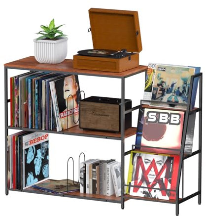 YCJY Beistelltisch Plattenspieler,Schallplattenständer,Vintage Plattenspieler Tisch,mit 2-stufiger Vinyl Schallplatten Lagerung Schallplatten Aufbewahrung bis zu 400 Alben,Vinyl Plattenspieler Stand