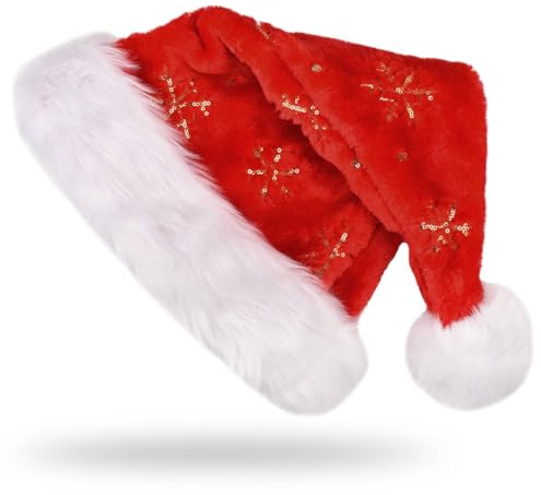 DUOJIN Weihnachtsmütze Nikolausmütze mit Soft Liner, Plüsche Weihnachtsmann Mütze mit Golden Pailletten Schneeflocke, Warm Santa Mütze für Kinder Erwachsene Weihnachten