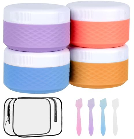 NZZVNZ 4 Pièces 50ml Silicone Pots de Crème à Remplir, Ensemble de Pots Cosmétiques, Contenant Cosmétique Avec Couvercle, Sac Transparent, Essentiels de Voyage/accessoires de Voyage(4 couleurs)