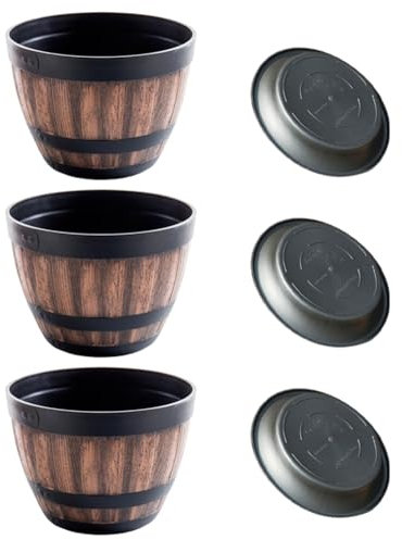 Qbkohphifm Blumentöpfe, Blumentöpfe in Whiskyfass-Form, Blumentöpfe Aus Kunststoff im Weinfass-Design, für Gartenpflanzen (3 Stück), 30 cm