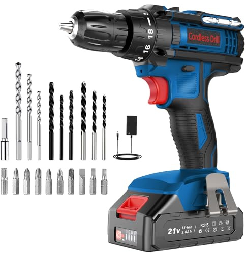 DYJPOW Cordless Drill Driver 21V, Power Drill with 2000mAh Battery, 18+1 Torque, 42N.m Max, 2 Speed, 22PCS Drill Bits, 10mm Chuck, LED Light for Home and Garden DIY Project, Blue