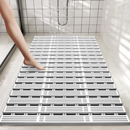 Tapis de Douche Antidérapant - Tapis Antidérapant Baignoire - Caillebotis Douche avec Ventouses, Matériau PP+TPE, Résistant à la Moisissure, Découpable, Séchage Rapide et Drainage Efficace - 68x40cm