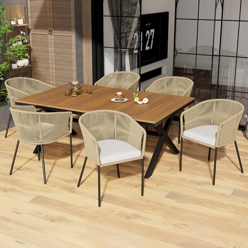 Jtyca Gartenmöbel Set, Garten Essgruppe aus Seil, Balkonmöbel Set 7-Teiliges, 6 Sessel und 1 Tisch, Tisch aus Akazienholz, Mit Fußpolstern und Sechs Sitzkissen, Abnehmbar und Waschbar