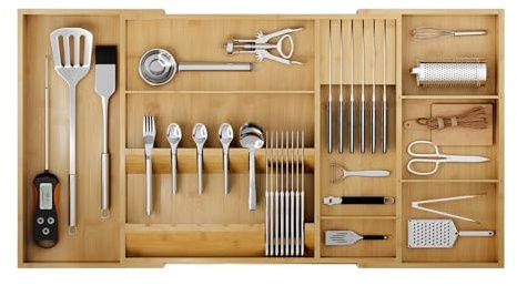 Landmok Besteckkasten für Schubladen aus Bambus - Verstellbar Breite 45-75cm mit Abnehmbaren Trennwänden & Messerblock - Stapelbar, Küchenschubladeneinsatz Schubladen Organizer, Natur