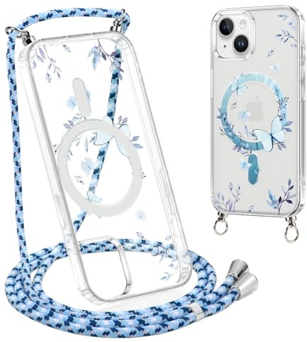 Xylota Handyband für iPhone 14/13 Hülle mit Band [Kompatibel mit MagSafe], Transparent Magnetisch Handyhülle mit Kordel,Aesthetic Muster Schutzhülle für iPhone 13 zum Umhängen, Schmetterling 02