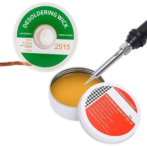 Bleifreies Flussmittel, Flussmittel Löten, 50 g Rosin Flussmittel mit hoher Aktivität (1 Stück), Entlötlitze 2,5 mm/1.5 m (1 Stück), für PCB, IC, SMD, DIY, Reparatur von Drähten und Haushaltsgeräten