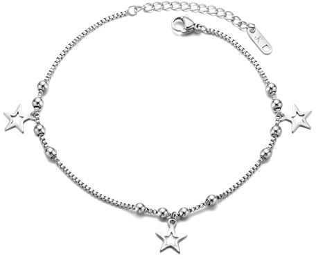 Kim Johanson® Edelstahl Damen Fußkettchen *Star* in Silber | Fußkette mit beweglichen Sternen & Kugeln | Wasserfest | Boho Schmuck für Frauen | Verstellbare Länge | Multi Layer Kette | Schmuckbeutel