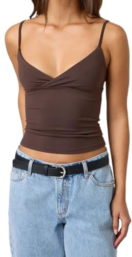 Edhomenn Women's Y2k Pleated Camisole Mini Bowknot Front Spaghetti Strap Lace Vest V-Neck Cropped Tank Tops Sexy Low-Cut Tops (06 Brown, S)