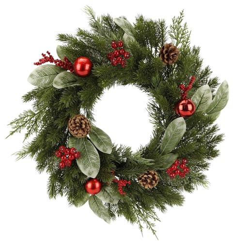 Zavothy Couronne de Porte de Noël 45 cm - Couronne de Noël Artificielle avec Pommes de pin et Boules de Noël - Couronne de l'Avent - Décoration de Noël - Décoration de Porte d'entrée - Vert et Rouge
