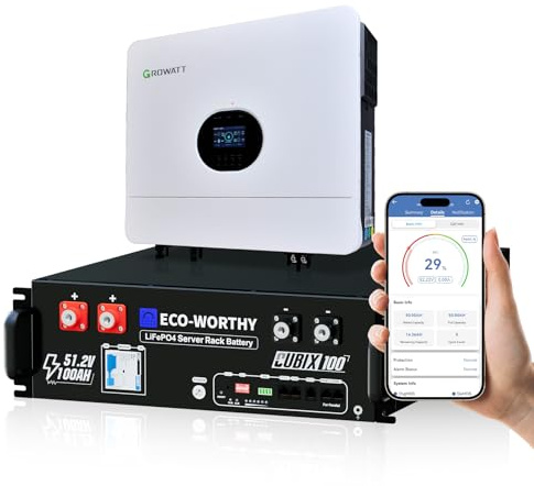 ECO-WORTHY CUBIX100 48V 100Ah + 6kW Hybrid Inverter for Home Solar Storage | 5.12kWh LiFePO4 server rack battery.80A MPPT & pure sine wave inverter.Bluetooth/WiFi & CAN/RS485.Runs heaters + appliances