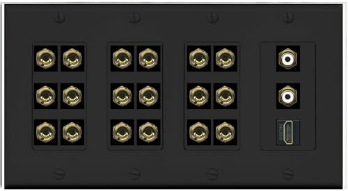 RiteAV Placa de pared con sonido envolvente 9.2, 9 altavoces, 18 conectores banana con 2 subwoofer RCA + conectores HDMI hembra, 4 bandas [negro]