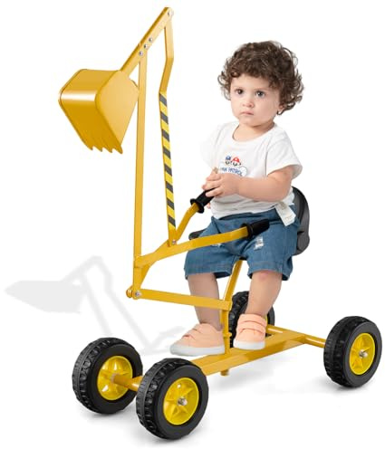 COSTWAY Pelleteuse Enfant avec Siège Pivotant à 360°& Pelle, Tractopelle pour Bac à Sable avec Cadre Métal & 4 Roues, Jouet Pelleteuse Excavatrice Manuelle pour Sable Terre Neige, 3 Ans+