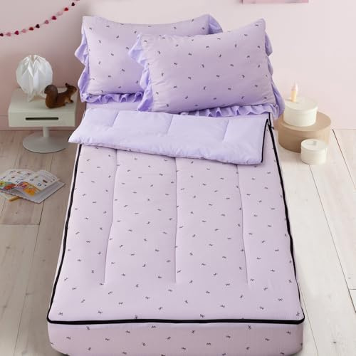 A Nice Night Zipper Bedding Little Bow Printed on Purple Background Zippered Kids Comforter Set,Seersucker Chic Style Ultra Soft,Twin