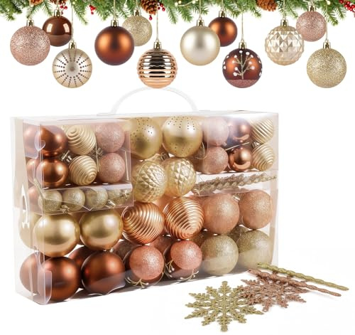 Agoer Weihnachtskugeln Kupfergold Set, 88 Stück Luxus Weihnachtsbaum Kugeln Kunststoff mit Aufhänger,Bruchsicher Christbaumkugeln für Gemütliche Weihnachtsabende und Glitzernden Christbaumschmuck