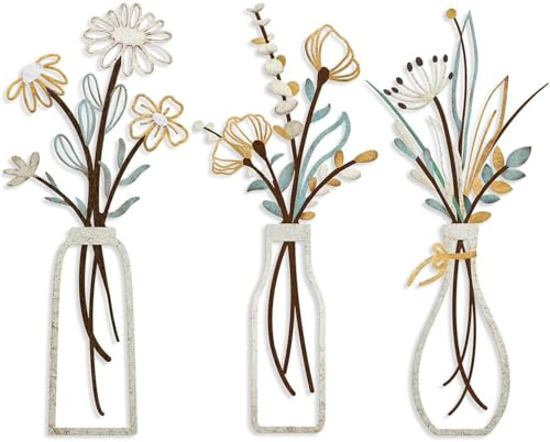 SUNAIAD Wanddeko Wohnzimmer Metall Blumen Küche Wanddekoration, 3 Stück Bunte Metallbilder Wanddekoration Wohnzimmer Schlafzimmer Küche Flur, Moderne Wandkunst Badezimmer Schlafzimmer Dekorationen