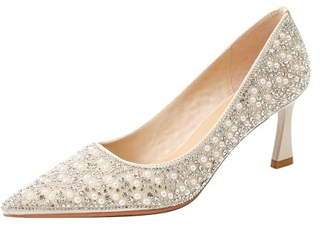 MlYJmer Dam bröllop brudskor strass elegant spets hög klack festskor, Beige, 38 EU