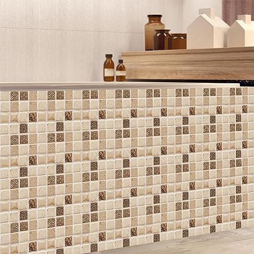 Mosaikfliesen Braun Beige Mosaik Klebefliesen Küche Wasserdicht PVC Fliesensticker Abziehen und Aufkleben Tile Sticker für Bad Schrank Möbel Wanddekor Fliesenaufkleber 15x15cm /10 Stück